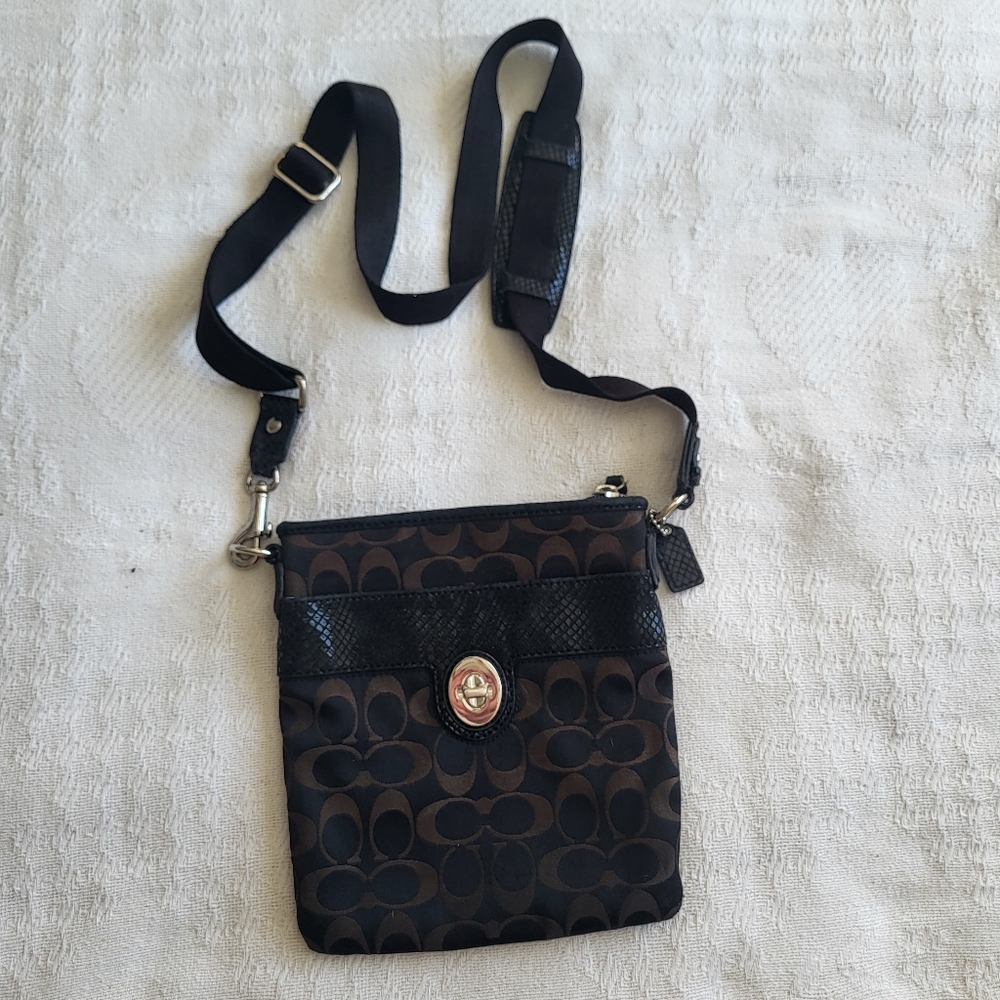 Coach Monogram Canvas Snake Scale Embossed Leather Trim Crossbody Bag